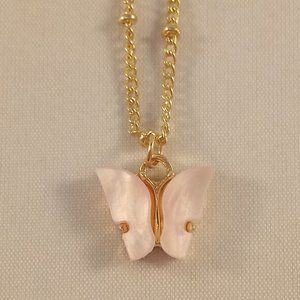 Gold Plated Pink Opal Resin Butterfly Pendant Chain Necklace 18" Womens